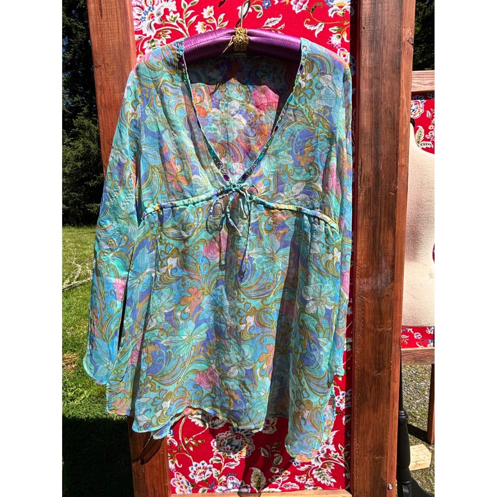 Turquoise Flare Sleeve Sheer Psychedelic Pastel Jeweled Babydoll Blouse - Picture 3 of 15